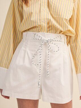 White Pleated High Waist Shorts with Rope Trim Belt